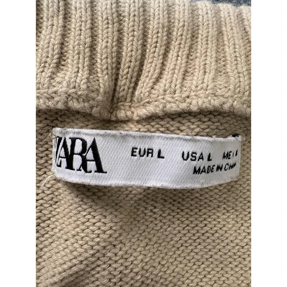 Zara Sweater Mens L Beige Crew Neck Knit Lightweight Long Sleeve Pullover Casual